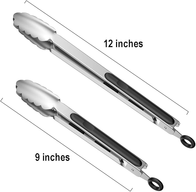 Lyxa SR 600℉ Heat Resistant Kitchen Tongs with Locking, Set of 9-inch and 12-inch Stainless Steel Metal Cooking Tongs with Non-Slip Grip, Perfect for Grilling, Barbecue (BBQ) and More