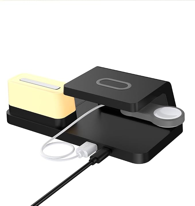 IHAO 3in1 Multifunctional Foldable Wireless Charging Station with LED Ambient Night Light Fast QC3.0 Charger for Phone iWatch Headphone Space-Saving Auto-Shutoff &amp Overcharge Protection-Black