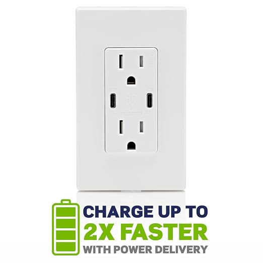 Leviton 30W (6A) USB Dual Type-C/C Power Delivery In-Wall Charger with 15A Tamper-Resistant Outlet USB Charger for Smartphones Tablets Laptops T5635-E Black