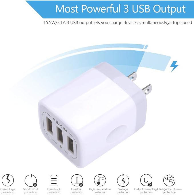 Wall Charger AILKIN 3.1A MultiPort Fast Charger Plug Travel Home Power Adapter Quick Charging Block Base Boxed for iPhone 15 14 13 12 11 10 8 7 Pro Max Mini Samsung Galaxy Pixel Kindle USB Brick