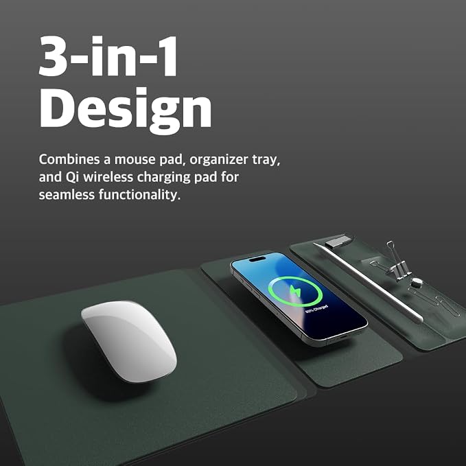POUT H3 Split Max 3-in-1 Wireless Charging Mouse Pad – Fast Qi Charger Mousepad Mat and Magnetic Tray Organizer – Compatible with Smartphones and Earbuds (Deep Green)