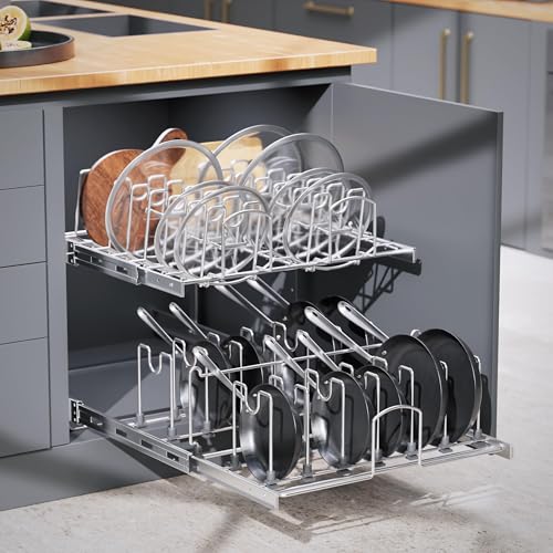 2-Tier Kitchen Pull out Cabinet Organizer for Pots, Pans, and Lid Cookware, Adjustable Heavy Duty Wire Pan and Pot Rack, Full-Extension Rail 21" W *22" D - size: 21W*22D
