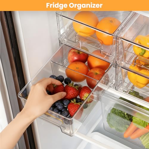 6 Pack Stackable Storage Drawers,Plastic Organizers Bins, Drawers Storage with Handles and Movable Dividers for Organization and Storage in Fridge,Bathroom, Pantry, Kitchen Cabinets, Under Sink - size: 6Pack 4.4"H-with Dividers