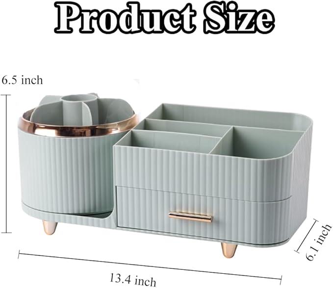 Makeup Organizer Countertop with Drawer 360 Rotating Brush Holder Storage Large Capacity Skincare Cosmetic Display Cases for Vanity Bathroom Desktop, Model 3016 Green