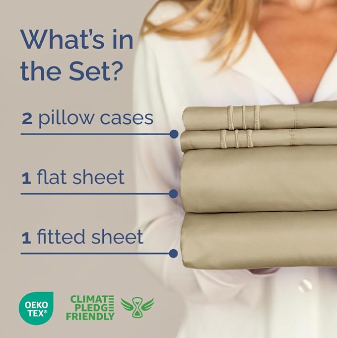 King Size 4 Piece Sheet Set - Comfy Breathable & Cooling Bed Sheets Set - Hotel Luxury Bedding for Women, Men, Kids, Teens, Boys & Girls - Deep Pockets, Ultra-Soft and Wrinkle Free - Oeko-Tex - Beige