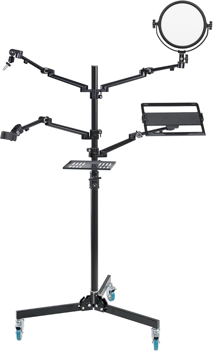GVM 5-in-1 Movable Live Streaming Floor Stand Kit with Wheels, Overhead Camera Mount with 10" LED Key Light/Mic Boom Arm/Tablet Laptop Phone Stand/Tray for Live Broadcast Podcast Video Recording Game