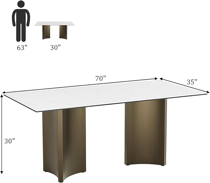 Modern Dining Table for 6, White Sintered Stone Dining Table Top with Brushed Bronze Stainless Steel Base, 70 inch Rectangle Dining Room Table for Home Restaurant (Only Table)