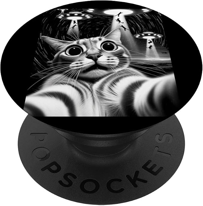 Cat UFO Invasion | Funny Cat Meme Retro Alien Cat UFO Selfie PopSockets Adhesive PopGrip