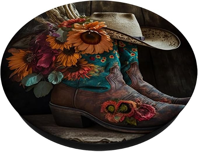 Boho Cowgirl Boots with a Flower Feather Hat for Western Rod PopSockets Adhesive PopGrip