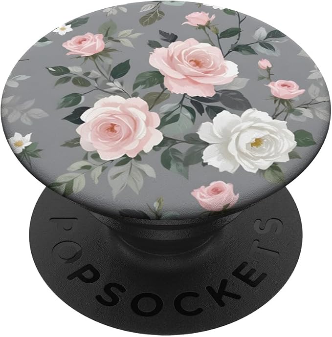 Pink Flowers Gray Leaves PopSockets Adhesive PopGrip