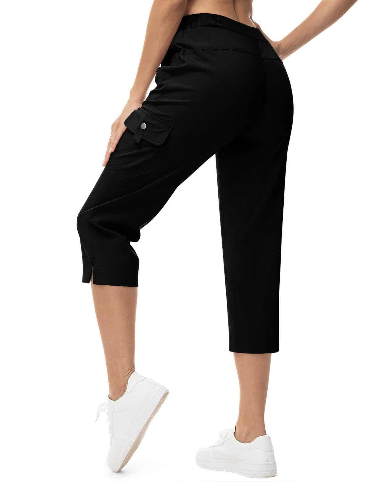 TBMPOY Women's Capri Pants Lightweight Quick Dry Hiking Cargo Pockets Casual Water Resistant Travel Cropped Cotton Black XL