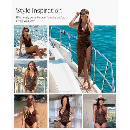 Popilush One Piece Swimsuit Women - Tummy Cnotrol Halter V Neck Leopard Swimsuits Push Up Bathing Suit Built in Shapewer