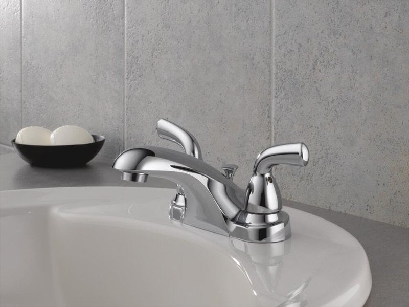 Delta Faucet Foundations Centerset Bathroom Faucet, Chrome 2-Handle Bathroom Faucet, Delta Bathroom Sink Faucet, Metal Push-Pop Drain Assembly, Chrome B2510LF