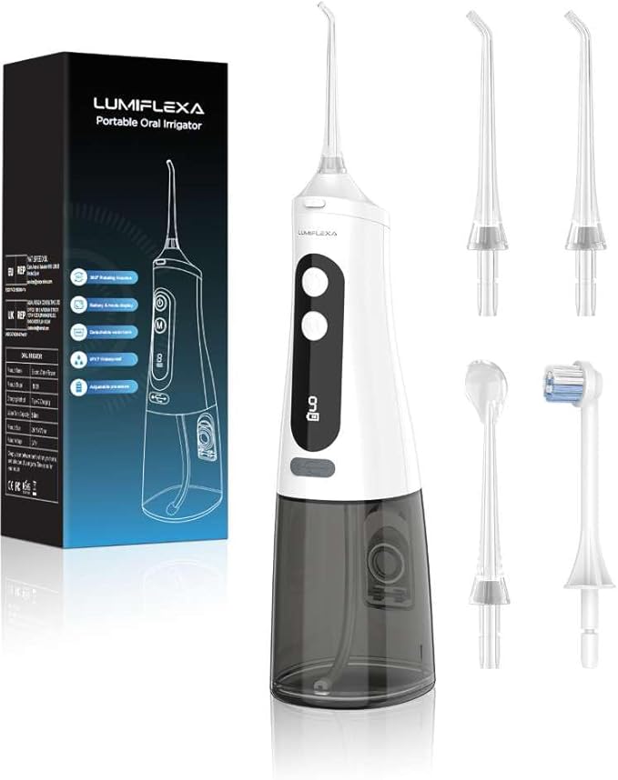 Lumiflexa Water Dental Flosser for Teeth Pick, Cordless Flosser for Travel with 4 Jet Tips, 9 intensities, IPX7 Waterproof Portable & Rechargeable Oral Irrigator Cleaner, White
