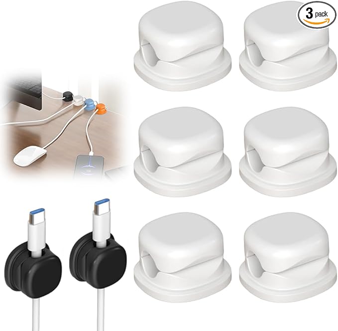 Magnetic Cord Organizer Holder, Upgrade Cord Holder for Nightstand, Adhesive Wire Cable Clips Management Kit for Phone Charger, Computer, Home, Office, Desk, Nightstand (White, 6 Packs)
