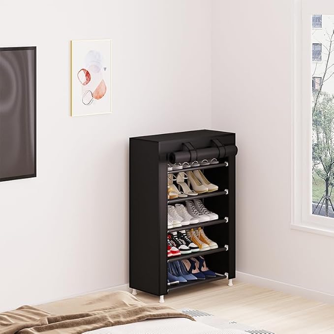 Calmootey 5 Tier Shoe Rack Organizer,Portable Shoe Shelf with Nonwoven Fabric Cover for Closet Hallway,Bedroom,Entryway,Black
