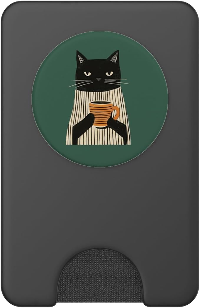 Black Cat Holding Coffee Cup Illustration PopSockets Adhesive PopGrip