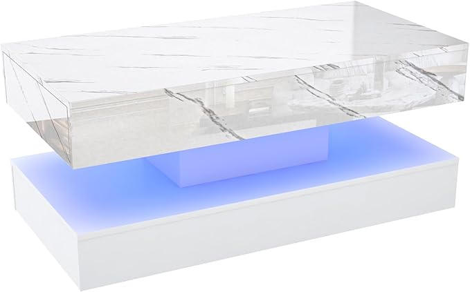 39.4" Large High-Glossy LED Coffee Table with 2 Sliding Drawers, Living Room Storage Coffee Tables with Marbling Print, Modern Stylish Double-Layer Center Tables w/LED Lights, White