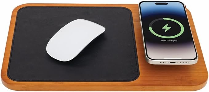 Oliver Gray Mousepad with Wireless Charger - 3-in-1 Wooden Wireless Charging Station &amp Phone Holder Premium Vegan Leather Desk Charger Mat for iPhone Android