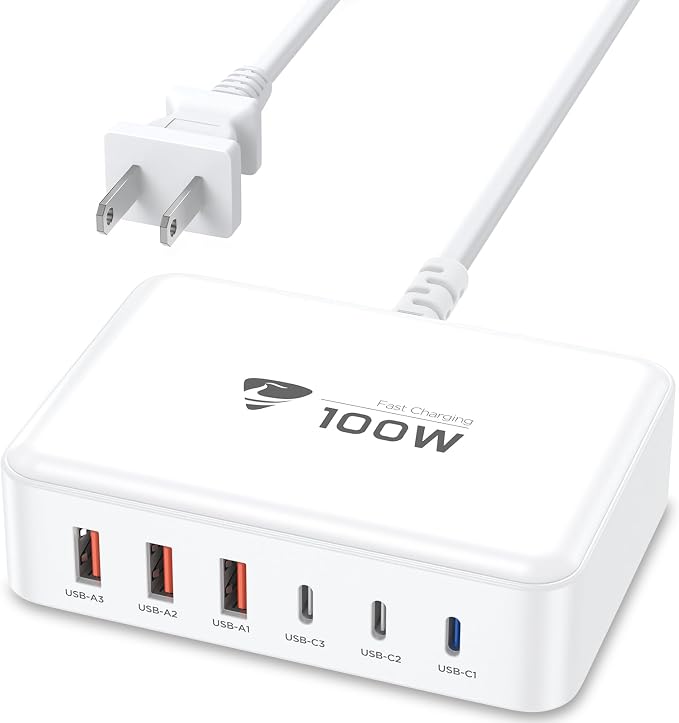 USB C Fast Charger 100W GaN 6 Port USB C Fast Charging Station Hub Block Cube QC USB A and PD USB C Wall Charger Power Multiple USB Charger Plug for iPhone 17 16 15 14 13 12 Pro Max iPad Samsung