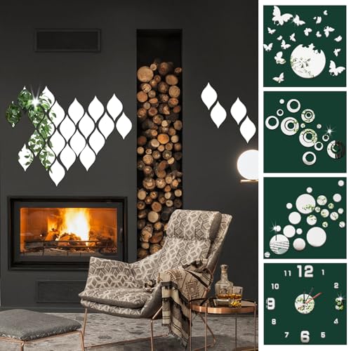 [Buy One Get Five] Acrylic Mirror Wall Stickers, 3D Teardrop Removable DIY Teardrop Peel and Stick Mirror Wall Decal Set for Living Room Bathroom Home Office Background Decorations (Silver)