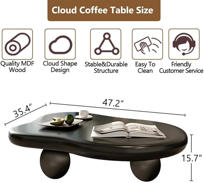 Cloud Coffee Table Modern Cute Coffee Tables Irregular Simple Tea/Center Table for Small Space End Table for Living Room, Home Office, Indoor (Black A Cloud 47.2" Wx35.4 Dx15.7 H)