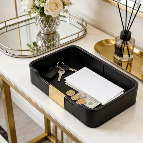 Luxury Leather Valet Tray,Jewelry Tray,Desktop Storage Organizer,Caddy Holder for Cosmetic,Jewelry,Watch,Keys,Phone,Wallet,Remote Controller,Pen, (black) - color: black