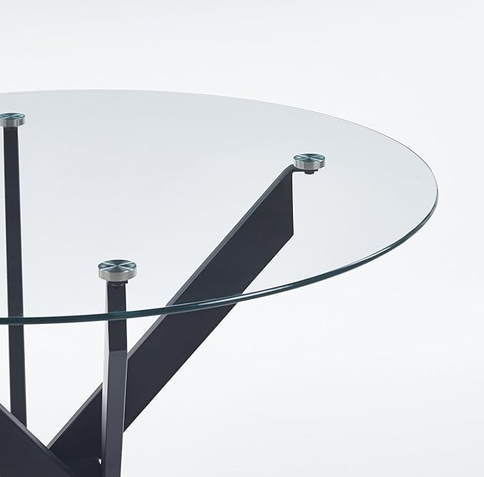 36" Round Dining Table for 4, Modern Clear Glass Kitchen Table for 4 with Black X Metal Legs, Contemporary Small Circle Dining Room Leisure Tables for Kitchen Apartment