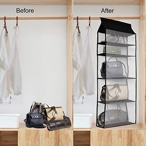 Improved Closet Handbag Purse Holder with 5 Large Heavy-Duty Mesh Shelves, Space Saving Hanging Handbag Storage Tote Bag Organizer Holder for Wardrobe Closet(Black) - color: Black