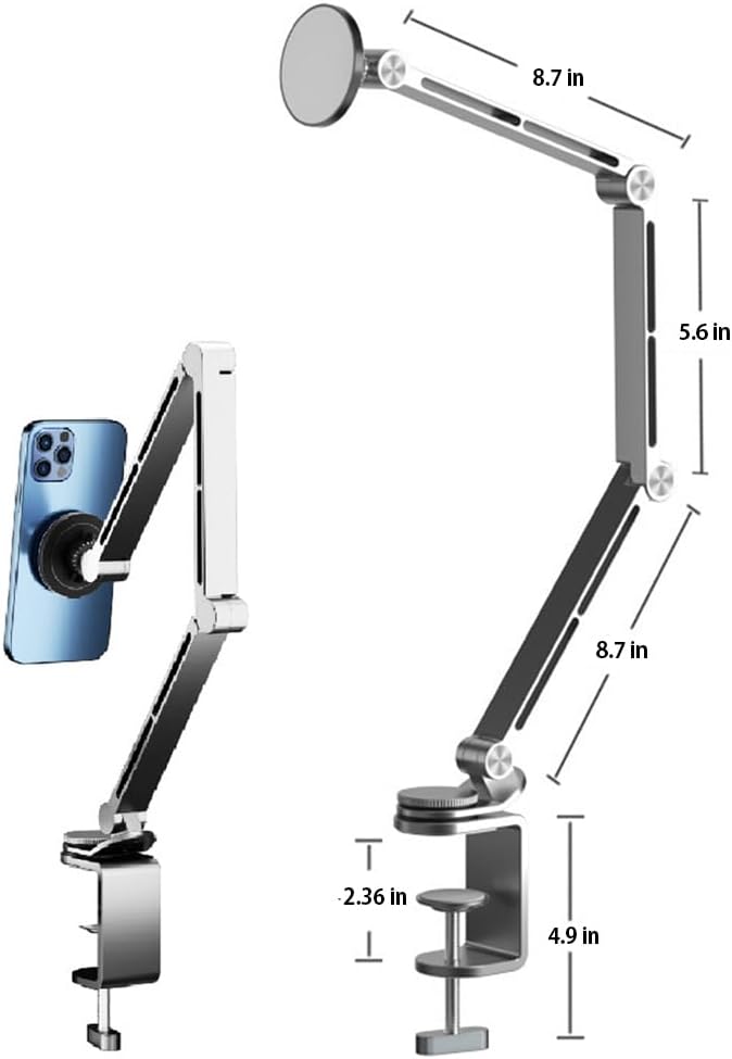 Phone/Tablet Metal Holder Stand Grey CT9 | Heavy Duty Adjustable Foldable Aluminum Universal Lazy Bracket 360° Rotation Flexible Long Arm For 4-13 Inch Devices