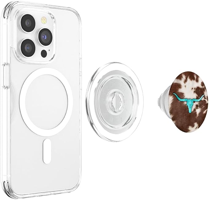 Western Cowhide Cow Print Turquoise Bull Skull Chic Rustic PopSockets Adhesive PopGrip