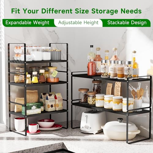 Expandable Kitchen Cabinet Shelf Organizer Rack Heavy Duty Metal Spice Rack Stackable Kitchen Counter Storage Shelf for Kitchen Cabinet Pantry Bathroom (Black - 16.5"-27" L x 10.2" W x 9.6" H - 1Pack) - color: Black - 16.5"-27" L X 10.2" W X 9.6" H - 1pac