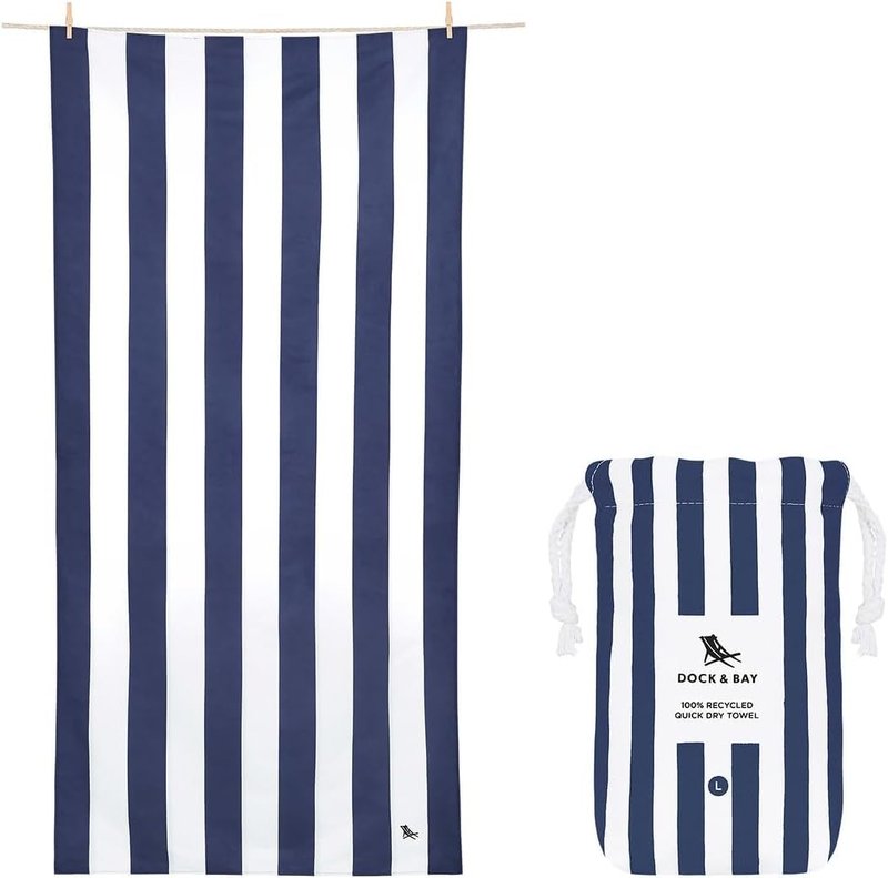 Dock & Bay Beach Towel - Quick Dry, Sand Free - Compact, Lightweight - 100% Recycled - Includes Bag - Cabana - Navy - Extra Large (200x90cm, 78x35)