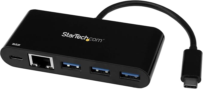 StarTech.com 3 Port USB-C Hub with Gigabit Ethernet & 60W Power Delivery Passthrough Laptop Charging - USB-C to 3x USB-A (USB 3.0 SuperSpeed 5Gbps) - USB 3.1/3.2 Gen 1 Type-C Adapter Hub (HB30C3AGEPD)