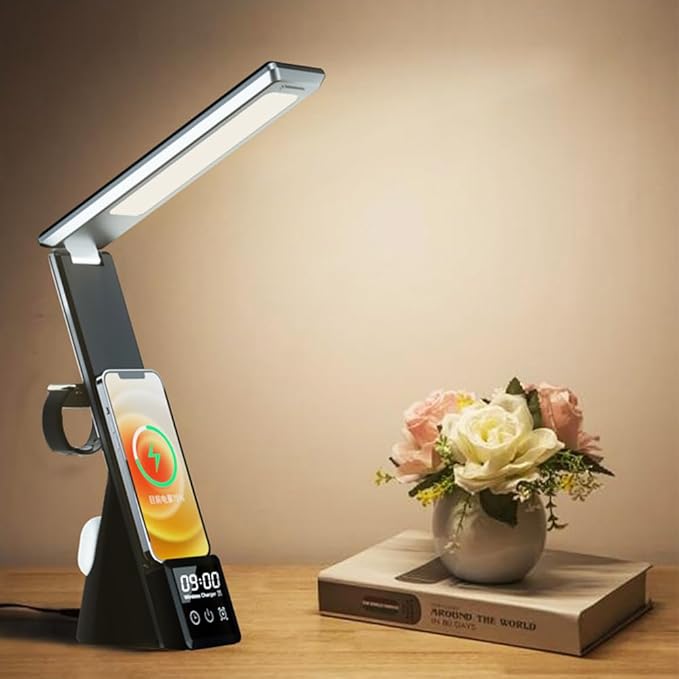 IHAO 6in1 Multifunctional Foldable LED Desk Lamp with Wireless Charger Digital Alarm Clock Eye-Care Lighting 3 Color Modes 15W Qi Charger for Phone/Headphones, Apple Watch Compatible-Black