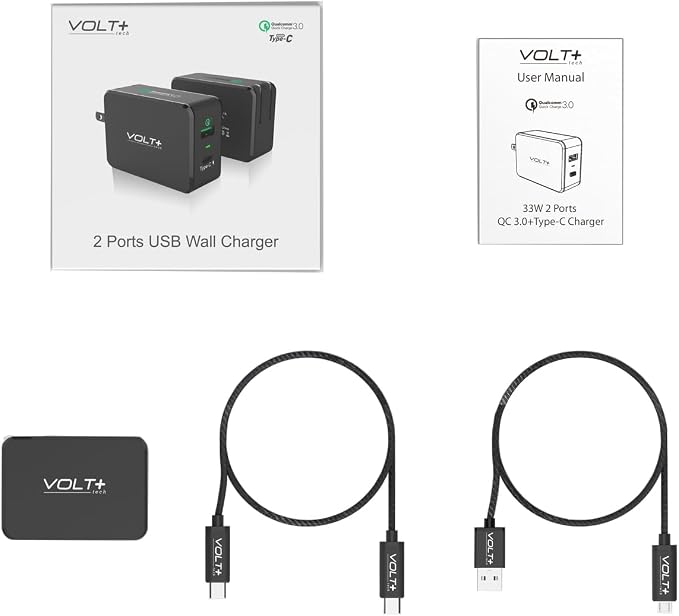 Professional 33W QC 3.0 Compatible with Amazon Fire HD 10 2023/Fire HD 10 Plus 2021/ Fire HD 10 2021 Quick Adaptive Fast Charge 3.0 with Folding Blade Plus Both MicroUSB/Type-C Cables [Black/UL Certif