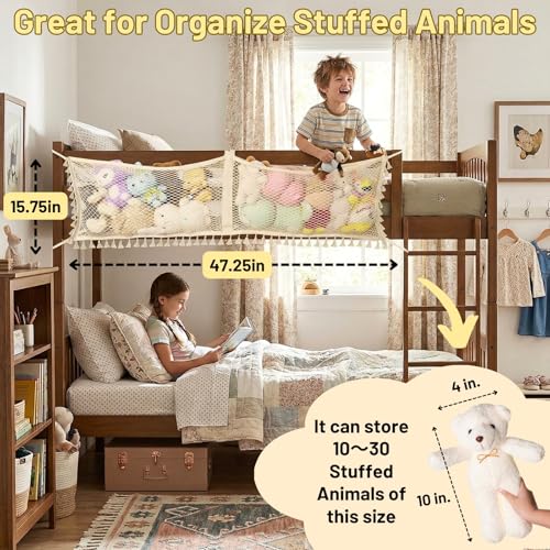 Ofiray-home Stuffed Animal Hammock, Bedside Stuffed Animal Storage Net Corner - Kids Nursery Wall Bedroom Home Decor, Cotton Bedside Toy Organizer Net with Tether, Stretches up to 47.25 In, Beige