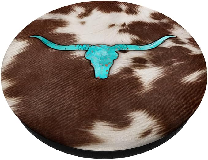 Western Cowhide Cow Print Turquoise Bull Skull Chic Rustic PopSockets Adhesive PopGrip