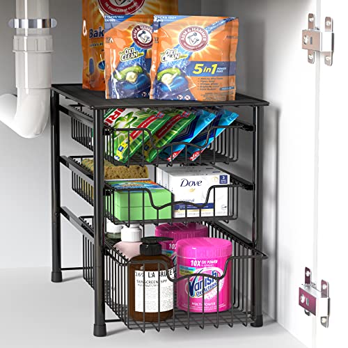 Simple Houseware Stackable 3 Tier Sliding Basket Organizer Drawer, Black - color: Black, size: 3-tier