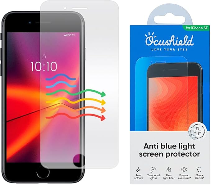 Ocushield Anti Blue Light Tempered Glass Screen Protector of iPhone SE – Blocks Blue Light Prevents Eye Strain &amp Helps You Sleep Better 9H Hardness &amp Case Friendly