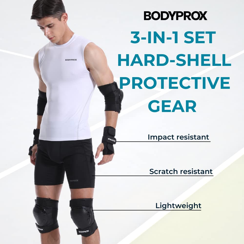 BODYPROX Knee Pads Elbow Pads Wrist Guards Set for Skateboarding, Roller Derby, BMX Ride, and Inline Skating (Large)