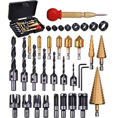 34 Pack Wood Working Chamfer Drilling Tools, 6 Countersink Drill Bit Set, 7 Counter Sinker Drill Bit Set, 8 Plug Cutters for Wood, 8 Drill Stop Bit Collar Set and 3 Step Drill Bits.