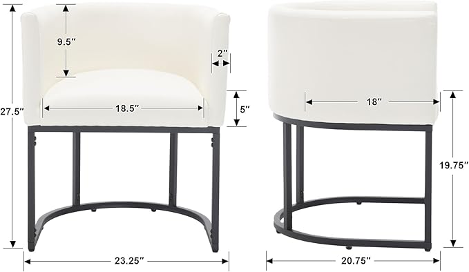Faux Leather Dining Chairs Set of 8 Modern Barrel Arm Chairs with Black Metal Frame, Upholstered Kitchen Chairs 18.5" Wide Accent Chairs for Living Room Dining Room Restaurant, White