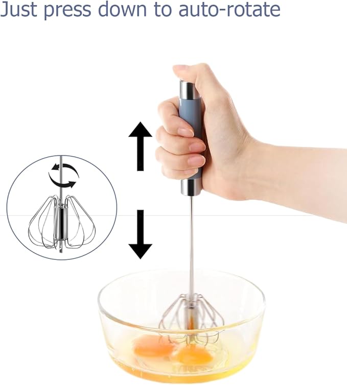 Avykalox 2 Pack Semi Automatic Whisk, Stainless Steel Mini Hand Push Whisks for Cooking, Easy to Use Hand Mixer Egg Beater Wisking Tool for Cooking, Whisking, Beating, Stirring