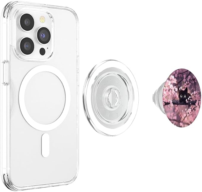 Cute Black Kitten Cat Cherry Blossom Meow Kawaii Anime Cat PopSockets PopGrip for MagSafe