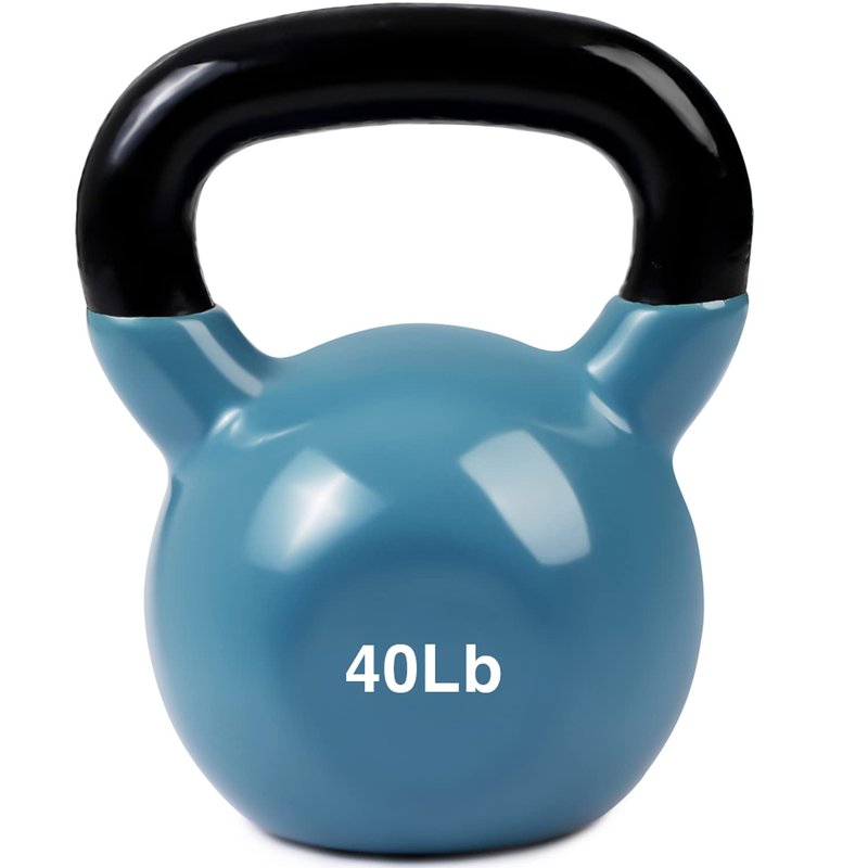 JFIT Vinyl-Coated Cast Iron Kettlebell Weight – Flat Bottom Kettlebell for Strength Training, Cross Training & Home Gym Workouts, 40lb-Steel Blue