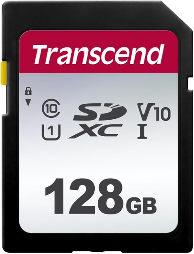 Transcend SDC300S 128GB SDXC Memory Card, Up to 100MB/s, UHS-I U1 V10, Full HD, Class 10 High-Speed SD Card for Canon, Nikon, Sony, Pentax, Kodak, Olympus, Panasonic Digital Cameras