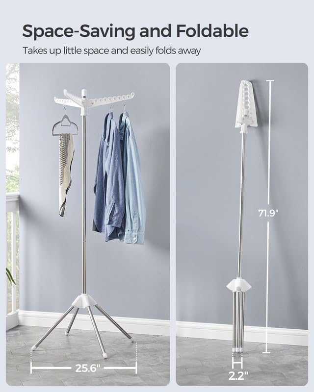 SONGMICS Clothes Drying Rack, 59-Inch Folding Laundry Drying Rack with 3 Rotatable Arms for Hangers, 4 Legs, Stainless Steel, for 27 Pieces of Clothes, White and Silver ULLR510W01