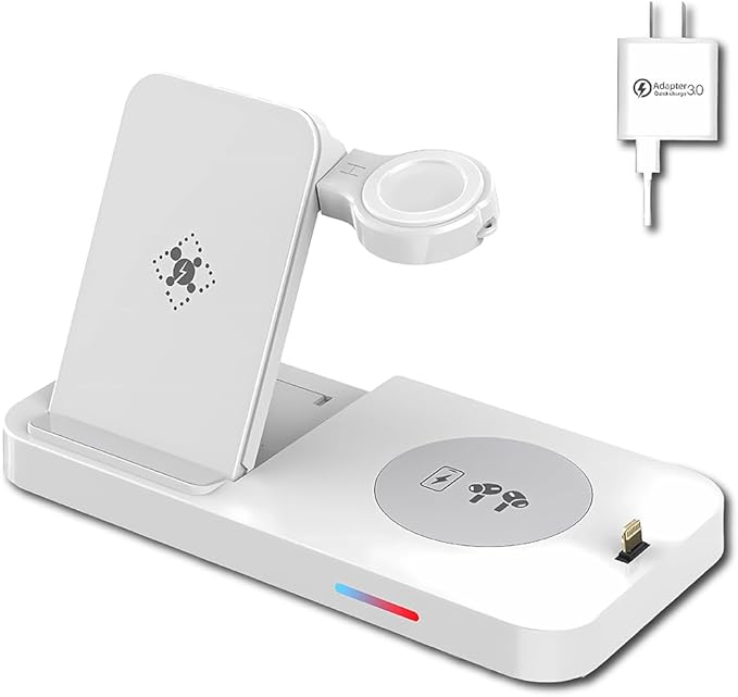 4-in-1 Fast Wireless Charging Station for iPhone16/15/14/13, Apple Watch Ultra/9/8, AirPods Pro,18W Qi-Certified (with QC3.0 Adapter)