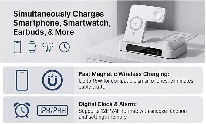 EBTOOLS 4 in 1 Magnetic Charging Station Wireless Charger Stand with LED Display Digital Clock Alarm RGB Night Light for Smartphones Watch Earbuds (Black)